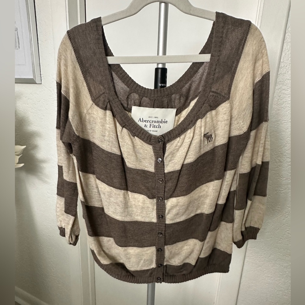 Abercrombie & Fitch Striped Brown 3/4th Sleeve Top, Size Small